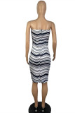 Black White Sexy Casual Striped Print Backless Strapless Sleeveless Dress