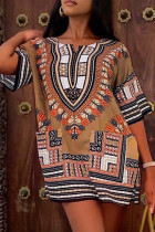 Brown Fashion Casual Print Basic O Neck Short Sleeve Dress