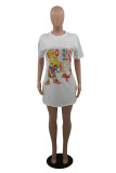 White Fashion Casual Print Slit O Neck Short Sleeve T-shirt Dress