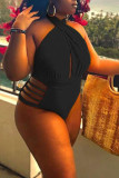 Black Sexy Solid Hollowed Out Split Joint Halter Plus Size Swimwear
