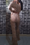 Leopard Print Sexy Leopard Patchwork O Neck Long Sleeve Two Pieces