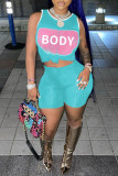 Light Blue Casual Sportswear Letter Print Vests O Neck Sleeveless Two Pieces