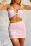 Pink Sexy Solid Hollowed Out Patchwork Frenulum Asymmetrical Collar Sleeveless Two Pieces