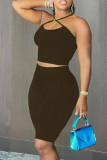 Red Sexy Casual Solid Backless Halter Sleeveless Two Pieces