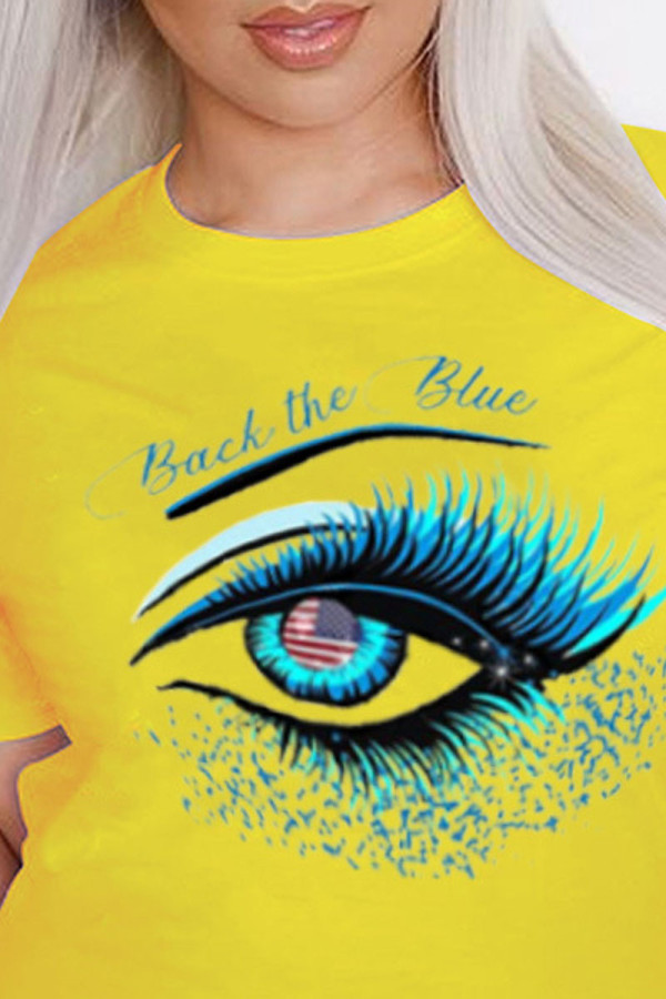 Yellow Casual Print Patchwork O Neck T-Shirts