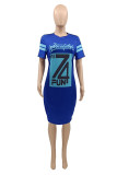 Blue Fashion Casual Print Basic O Neck Short Sleeve Dress