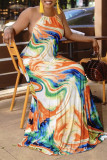 Orange Fashion Sexy Print Backless Spaghetti Strap Sleeveless Dress