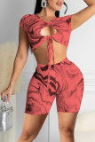 Red Sexy Print Hollowed Out Patchwork Frenulum O Neck Short Sleeve Two Pieces