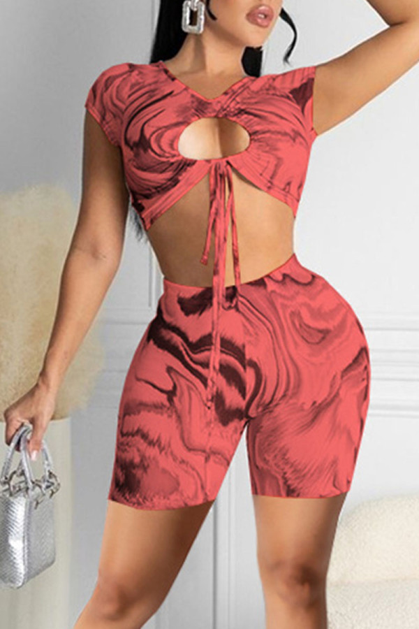 Red Sexy Print Hollowed Out Patchwork Frenulum O Neck Short Sleeve Two Pieces