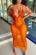 Tangerine Red Sexy Solid Patchwork See-through Spaghetti Strap Straight Dresses （Without Underwear）