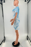 Light Blue Casual Patchwork Tie-dye V Neck Pencil Skirt Dresses