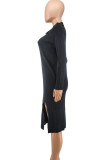 Pink Fashion Casual Solid Slit Turndown Collar Long Sleeve Dresses