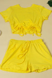 Yellow Fashion Casual Solid Bandage O Neck Short Sleeve Two Pieces