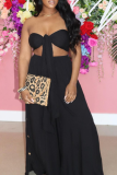 Black Sexy Solid High Opening Strapless Sleeveless Two Pieces