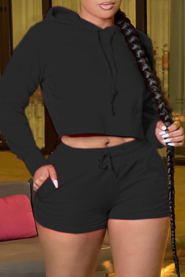 Black Fashion Casual Solid Basic Hooded Collar Long Sleeve Two Pieces