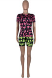Pink Green Fashion Casual Print Basic O Neck Short Sleeve Two Pieces