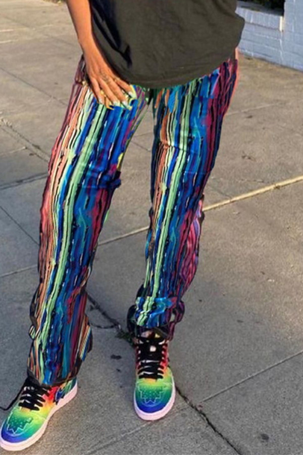 Turquoise Fashion Casual Print Basic Regular Mid Waist Trousers