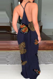 Tibetan Blue Casual Print Patchwork V Neck Straight Dresses