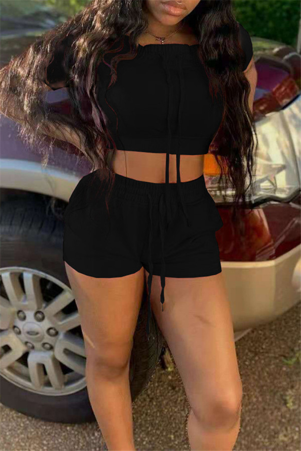 Black Fashion Casual Solid Bandage O Neck Short Sleeve Two Pieces