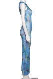 Blue Sexy Print Patchwork O Neck Pencil Skirt Dresses
