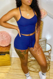 Deep Blue Sexy Casual Solid Backless Spaghetti Strap Sleeveless Two Pieces