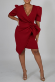 Red Casual Solid Split Joint V Neck Irregular Dress Dresses