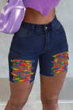 White Street Solid Hollowed Out Split Joint Frenulum Straight High Waist Straight Patchwork Plus Size Denim Shorts
