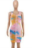 Pink Fashion Sexy Tie Dye Printing V Neck Vest Dress
