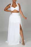Blue Sexy Solid Mesh Halter Sleeveless Two Pieces