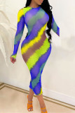 Rose Red Sexy Gradual Change Striped Print Patchwork O Neck Pencil Skirt Dresses