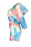 Multicolor Casual Patchwork Tie-dye Hooded Collar Three Quarter Two Pieces