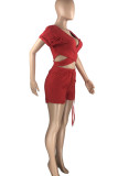 Red Casual Solid Ripped Hollowed Out Patchwork V Neck Short Sleeve Two Pieces