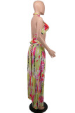 Red Yellow Fashion Sexy Print Backless Halter Sleeveless Two Pieces