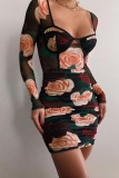 Red Green Elegant Print Make Old Fold Square Collar Pencil Skirt Dresses