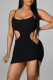 Black Fashion Sexy Solid Hollowed Out Backless Spaghetti Strap Sleeveless Dress