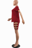 Red Sexy Solid Ripped Bandage O Neck Short Sleeve Two Pieces