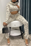 White Sexy Print Patchwork Half A Turtleneck Long Sleeve Two Pieces