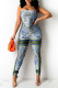 Blue Fashion Sexy Print Backless Strapless Sleeveless Two Pieces