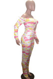 Pink Fashion Print Bandage Hollowed Out Backless Off the Shoulder Skinny Jumpsuits