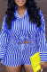Blue Casual Striped Split Joint Turndown Collar Long Sleeve Two Pieces