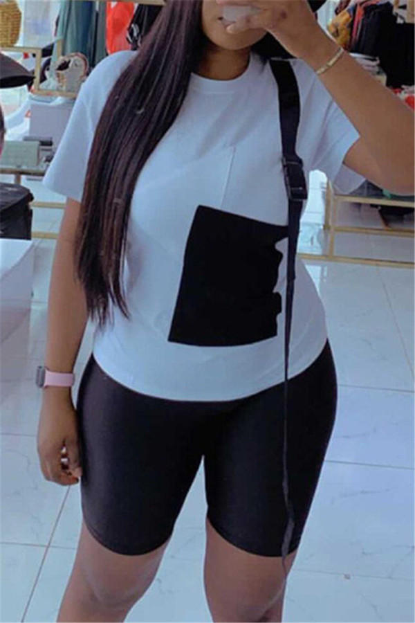 White Fashion Casual Patchwork Basic O Neck Short Sleeve Two Pieces