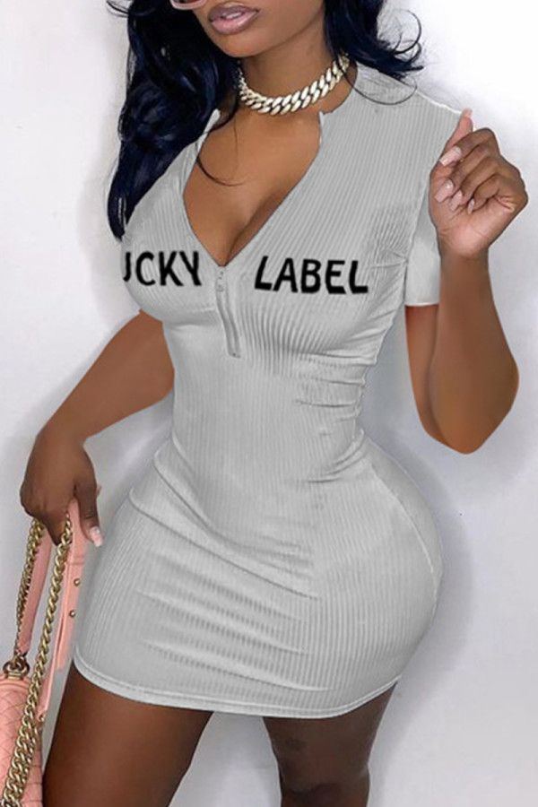 Grey Fashion Casual Letter Embroidery Basic Zipper Collar Short Sleeve Dress