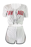 White Sportswear Striped Patchwork V Neck Short Sleeve Two Pieces