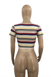 Red Fashion Casual Striped Print Bandage V Neck T-Shirts