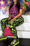 Pink Yellow Fashion Casual Print Basic O Neck Short Sleeve Two Pieces