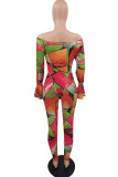 Rose Red Fashion Sexy Print See-through Backless Off the Shoulder Long Sleeve Two Pieces