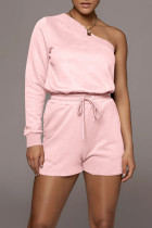 Pink Casual Solid Split Joint Asymmetrical Oblique Collar Long Sleeve Two Pieces