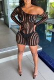 Black Fashion Sexy Solid Hollowed Out See-through Oblique Collar Long Sleeve Plus Size Dresses