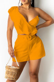 Yellow Casual Solid Patchwork Flounce V Neck Two Pieces