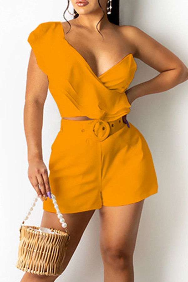 Orange Casual Solid Patchwork Flounce V Neck Two Pieces